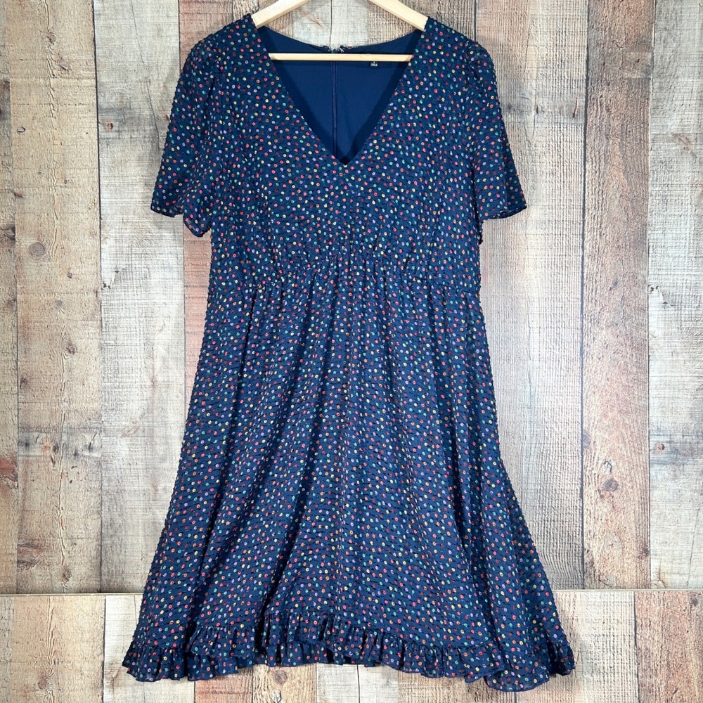 Madewell Navy Blue Rainbow Clip Dot Ruffle Hem V-Neck Mini Dress Size 8 Boho